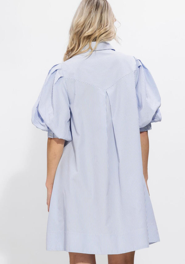 Pink Baby Christine striped puff sleeve shirt dress in blue, featuring a classic collar and button-down front.