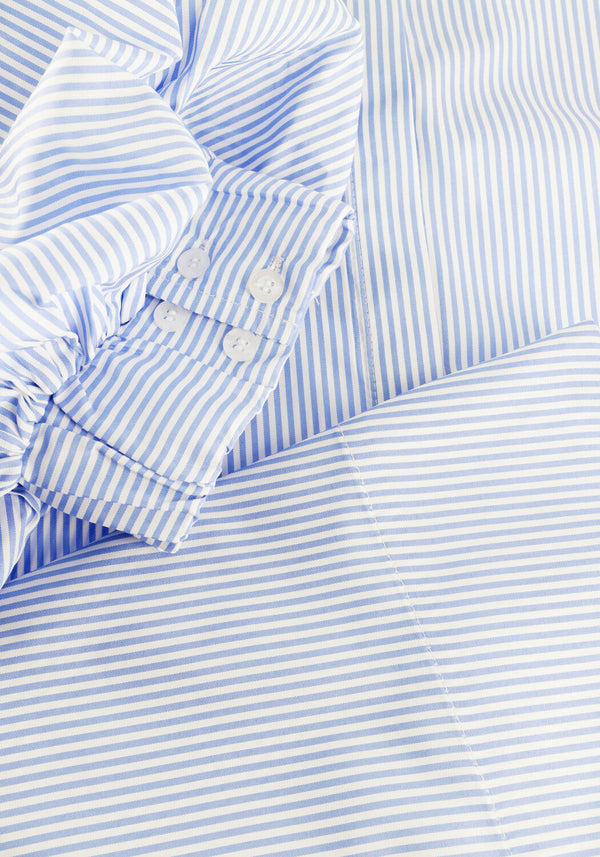 Pink Baby Christine striped puff sleeve shirt dress in blue, featuring a relaxed fit and stylish design.