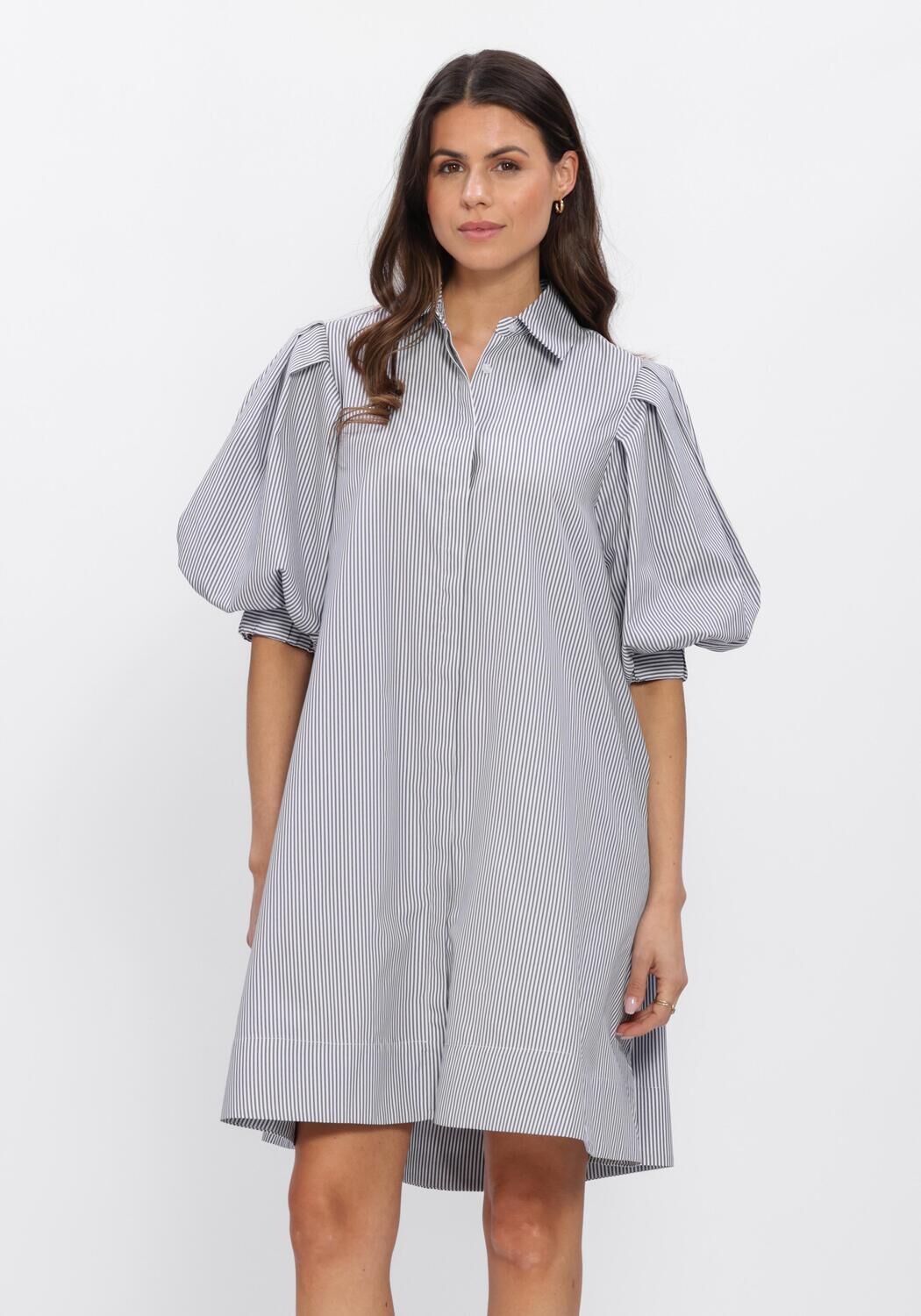 Pink Baby Adelina striped puff-sleeve shirt dress in white and black, featuring a stylish, casual design with a button-up front.