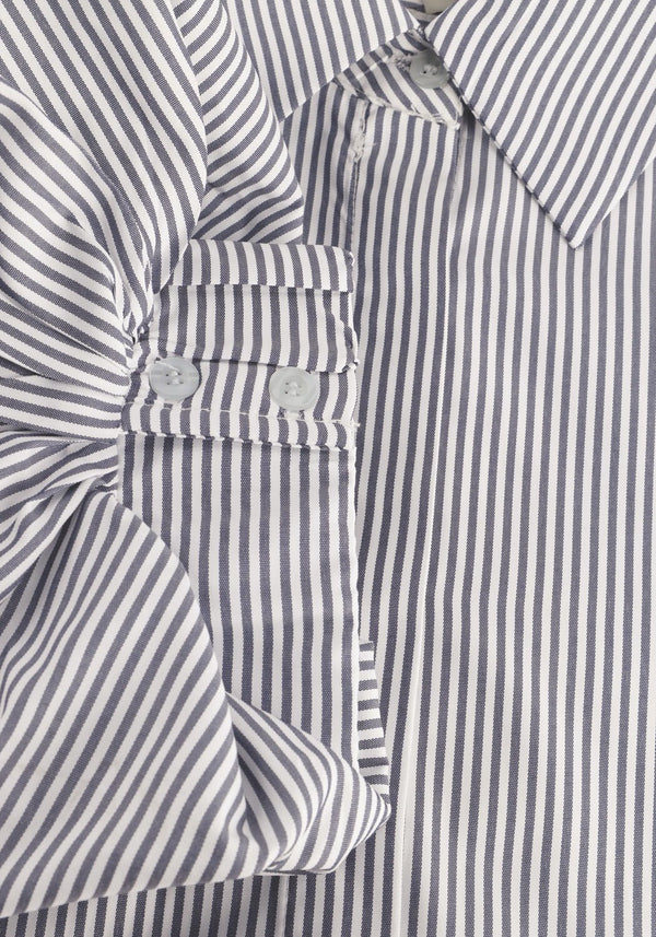 Pink Baby Adelina striped puff-sleeve shirt dress in white and black, featuring a stylish, casual design with puffed sleeves.