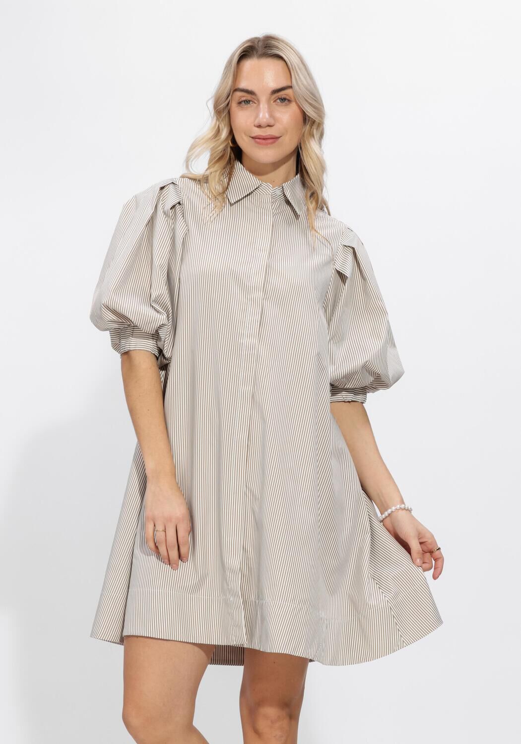 Pink Baby Arabel striped puff sleeve shirt dress in taupe, featuring a stylish collar and button-down front.