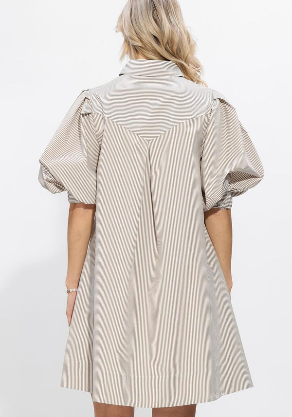 Pink Baby Arabel striped puff sleeve shirt dress in taupe, featuring a relaxed fit and stylish design.