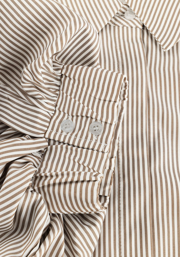 Pink Baby Arabel striped puff sleeve shirt dress in taupe, featuring a relaxed fit and stylish design.