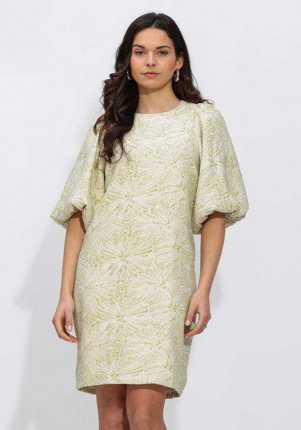 Pink Baby Cecilia textured puff sleeve mini dress in sage green, featuring a stylish mini length and textured fabric design.
