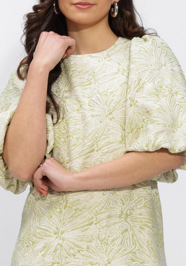 Pink Baby Cecilia textured puff sleeve mini dress in sage green, featuring a stylish mini length and elegant puff sleeves.