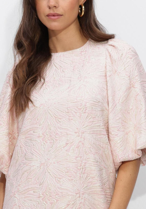 Pink Baby Belinda textured puff sleeve mini dress in blush color, featuring a stylish and feminine design with puffed sleeves.