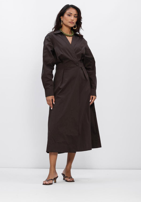 Pink Baby Elina tailored wrap midi dress in espresso brown, showcasing a fitted waist and elegant midi length.