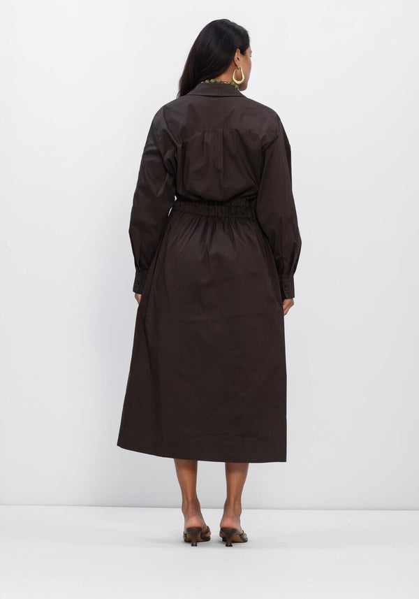 Pink Baby Elina tailored wrap midi dress in espresso brown, showing a fitted waist and elegant knee-length design.