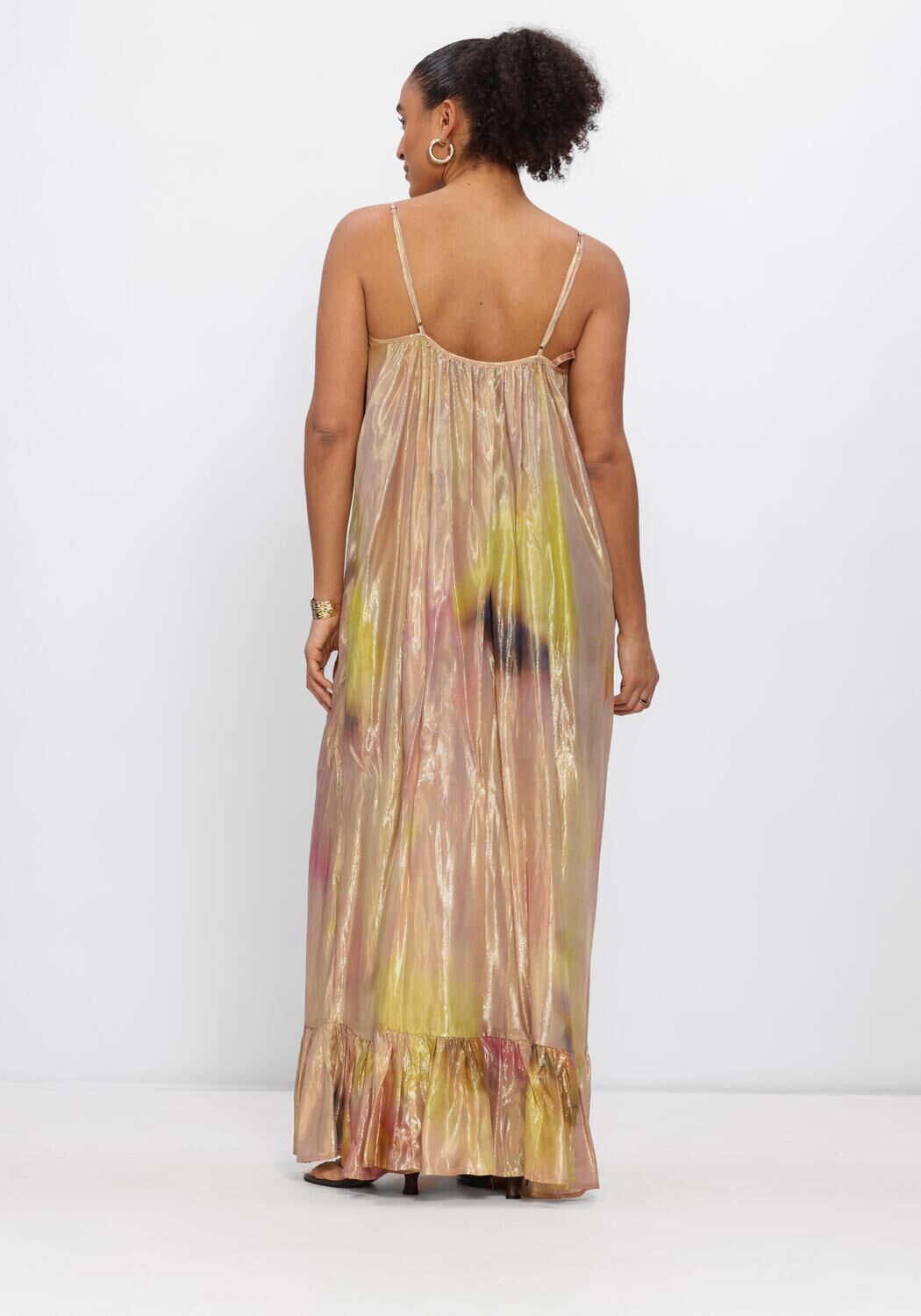 Lavinia metallic watercolour maxi dress in gold and pink by Pink Baby, flowing fabric with a stylish, elegant design.