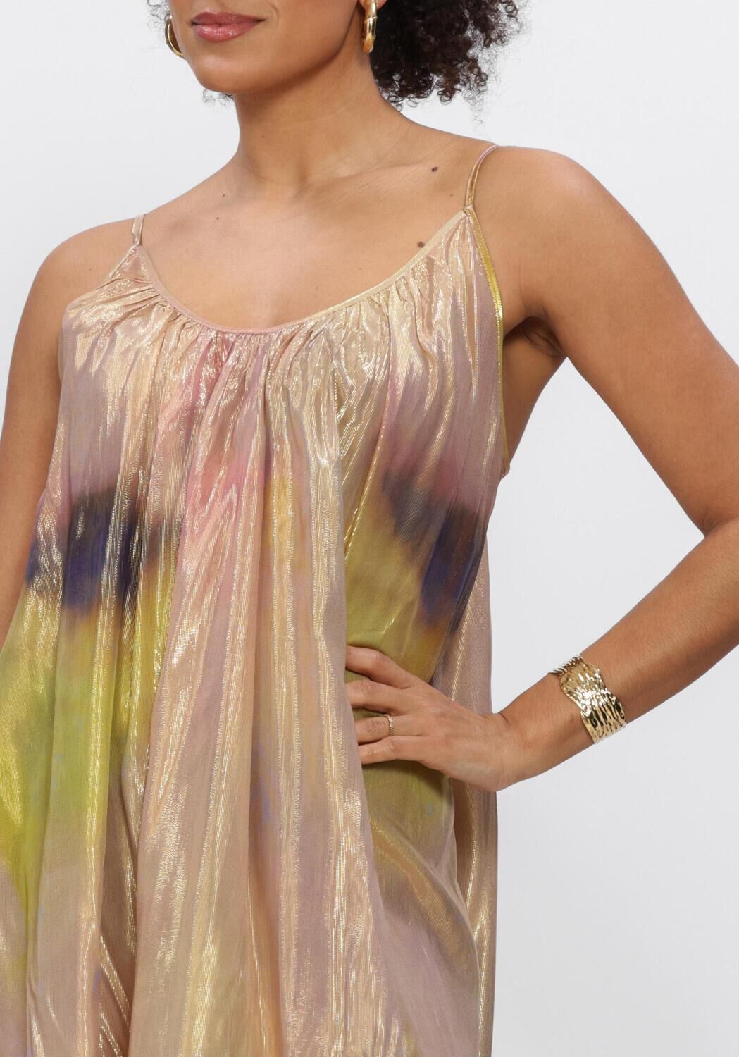 Lavinia Metallic Watercolour Maxi Dress by Pink Baby in gold and pink with flowing fabric and elegant design.
