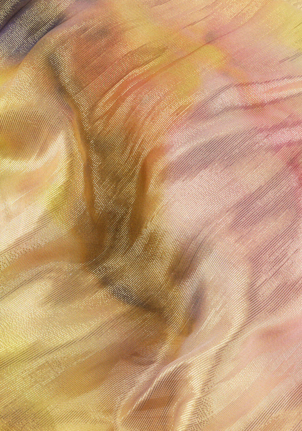 Lavinia Metallic Watercolour Maxi Dress in gold and pink by Pink Baby, featuring a flowing fabric and elegant design.