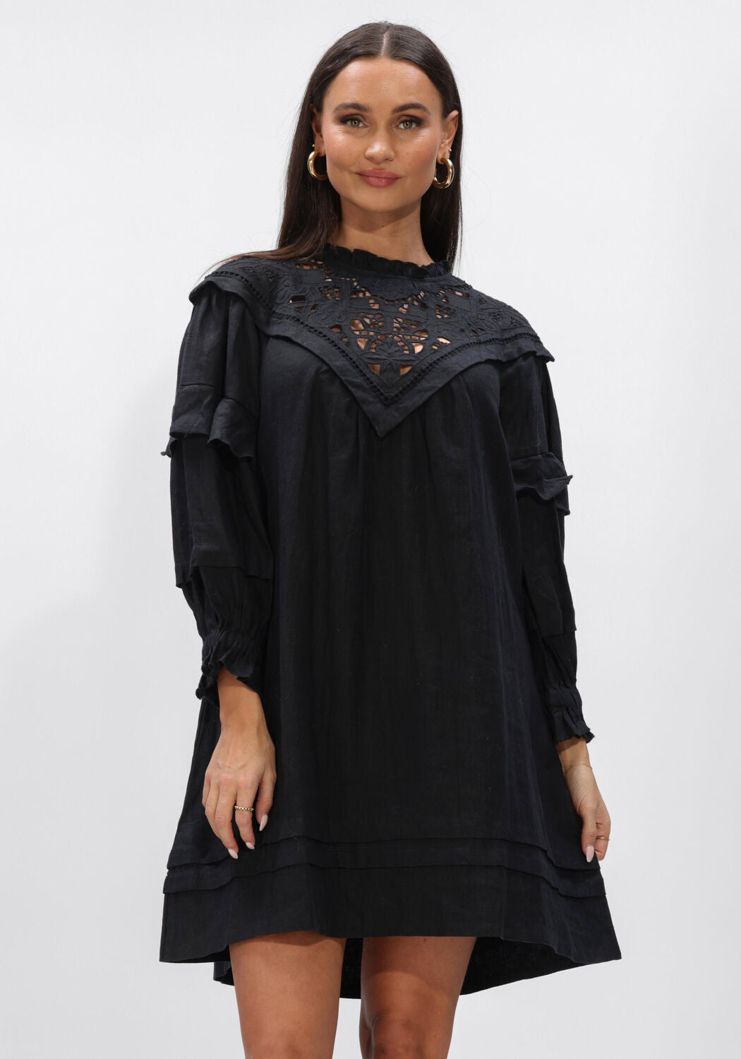 Pink Baby Elisabetta embroidered yoke mini dress in black, featuring intricate embroidery and a stylish, fitted silhouette.