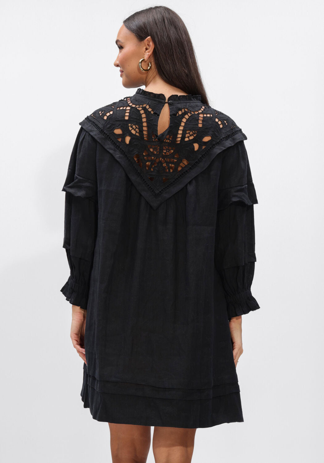 Black Elisabetta embroidered yoke mini dress by Pink Baby, featuring intricate embroidery and a stylish fit.