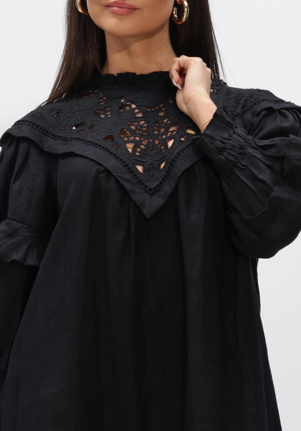 Black Elisabetta embroidered yoke mini dress by Pink Baby, showing intricate embroidery and stylish silhouette.