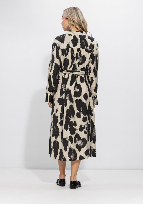 Pink Baby Massy abstract print belted shirt dress in black and beige, featuring a stylish design and comfortable fit.