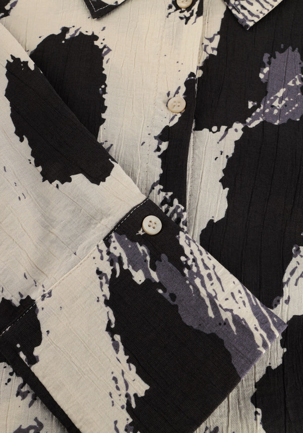 Pink Baby Massy abstract print belted shirt dress in black and beige, featuring a stylish design and lightweight fabric.