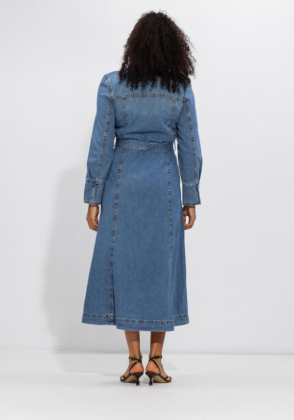 Pink Baby Caterina belted denim midi dress in mid blue, featuring a stylish waist belt and classic denim fabric.