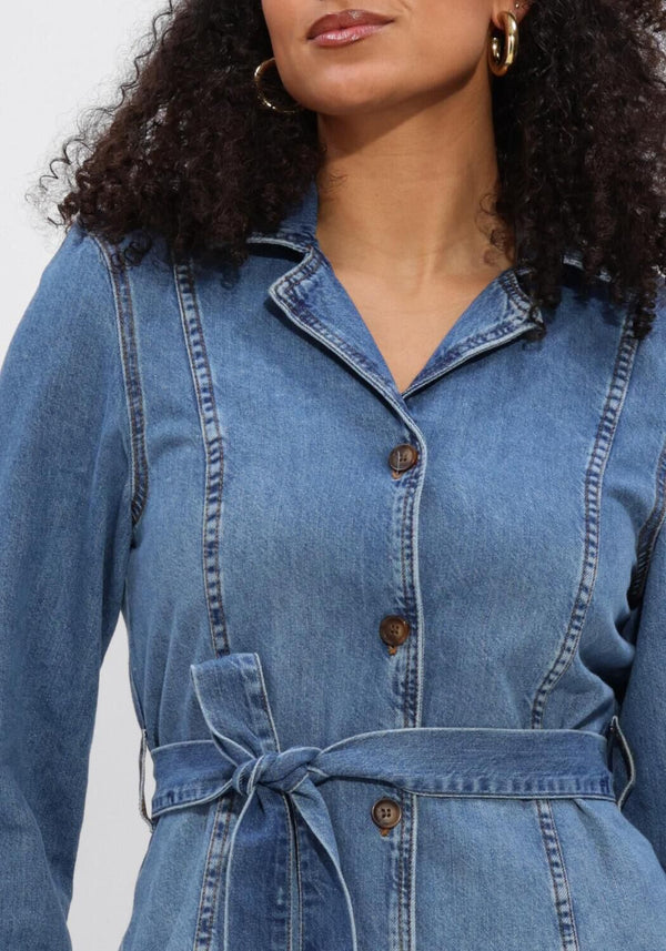 Pink Baby Caterina belted denim midi dress in mid blue, featuring a stylish waist belt and casual midi length.