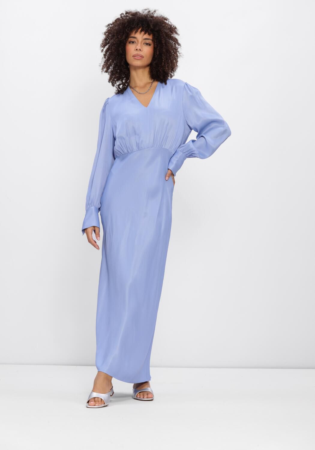 Pink Baby Ariela gathered waist maxi dress in powder blue, flowing fabric with a fitted bodice and elegant length.