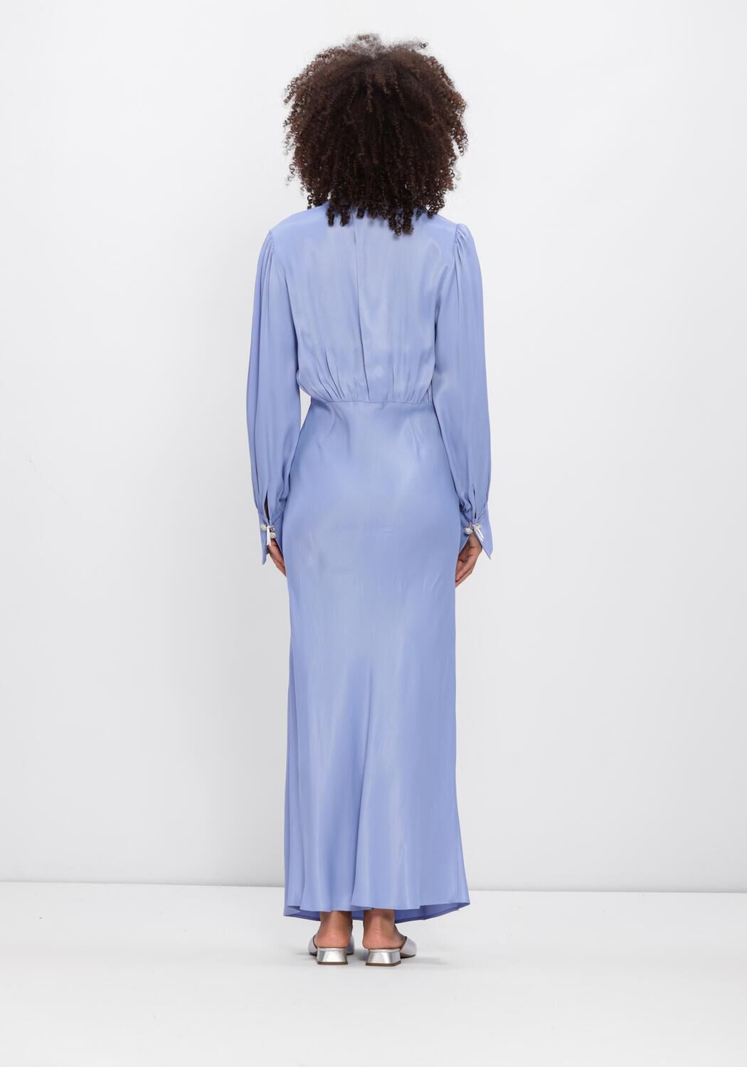 Pink Baby Ariela gathered waist maxi dress in powder blue, flowing fabric with a fitted bodice and elegant skirt.