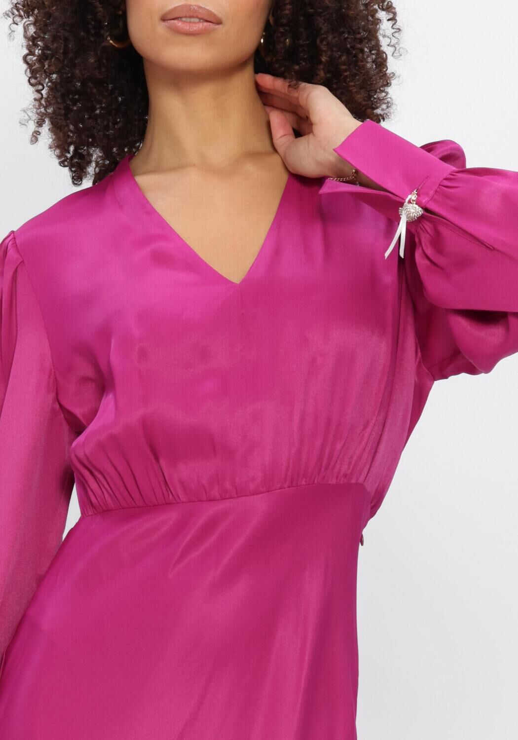 Pink Baby Fiorella satin V-neck maxi dress in vibrant fuchsia fabric, flowing and elegant with a sleek silhouette.