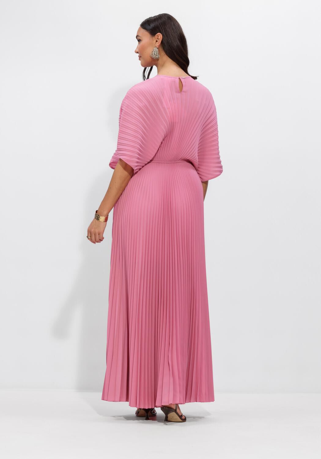 Pink Baby Rosalie pleated cape-sleeve maxi dress in soft pink fabric, flowing and elegant with a stylish cape detail.
