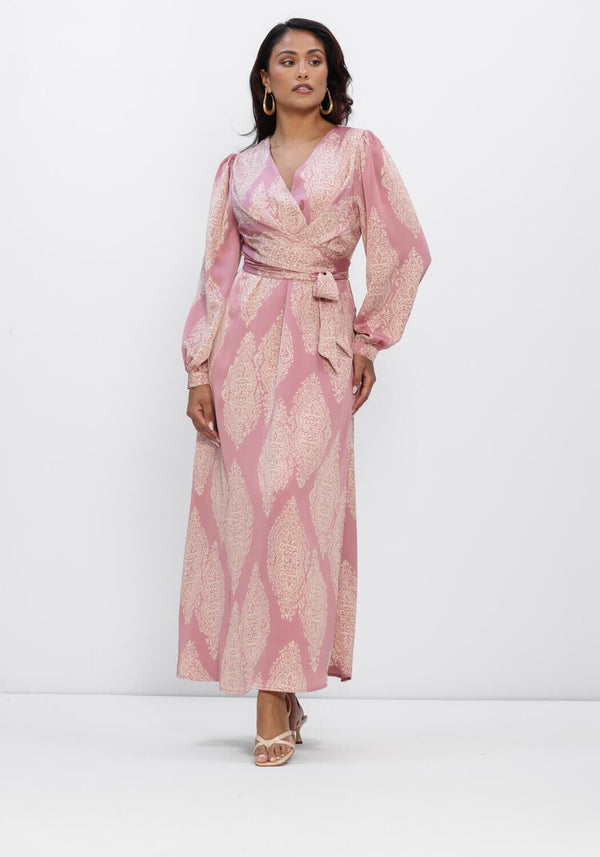 Pink Baby Talya Paisley Wrap Maxi Dress in pink with a flowing silhouette and paisley pattern, perfect for elegant summer occasions.