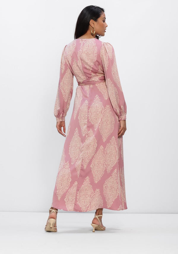 Pink Baby Talya Paisley Wrap Maxi Dress in pink featuring a flowing fabric and paisley pattern, perfect for elegant summer wear.