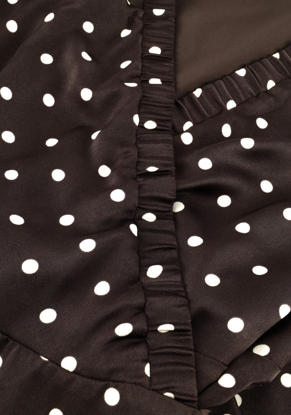 Pink Baby Vivi polka dot wrap midi dress in chocolate brown fabric with a fitted waist and flowy skirt.