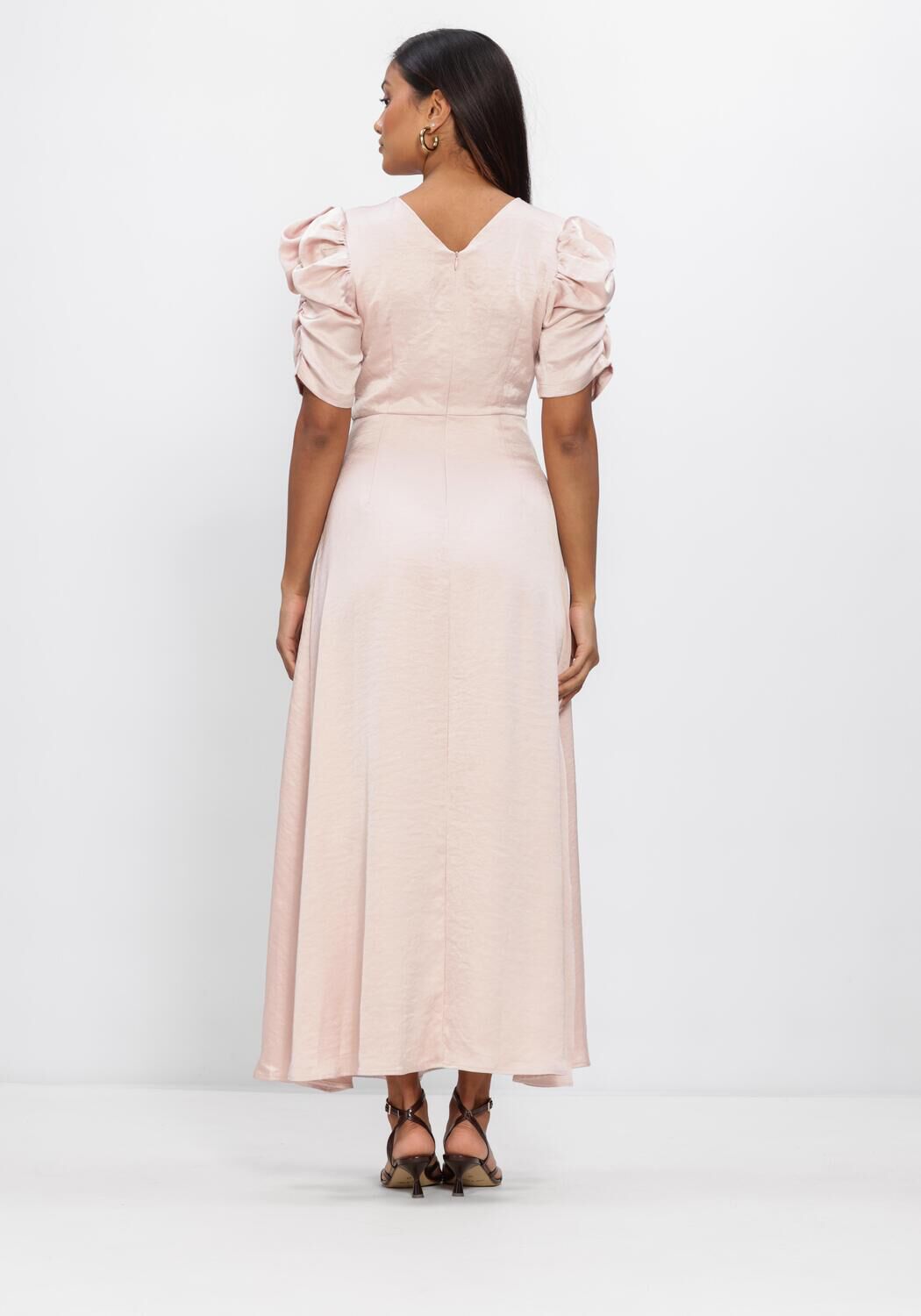 Pink Baby Maxine satin puff sleeve maxi dress in blush color, featuring elegant design and flowing fabric.
