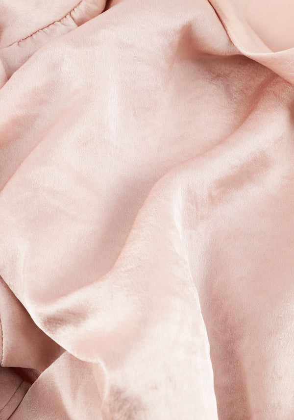 Pink Baby Maxine satin puff sleeve maxi dress in blush color, featuring elegant flowy fabric and stylish puffed sleeves.