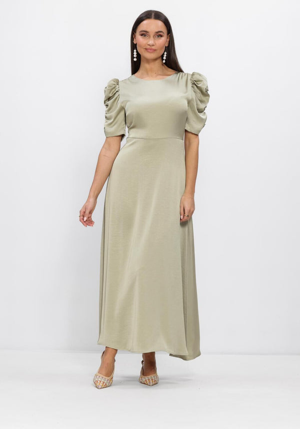 Pink Baby Adelinda satin puff sleeve maxi dress in sage green, featuring elegant puff sleeves and flowing fabric.