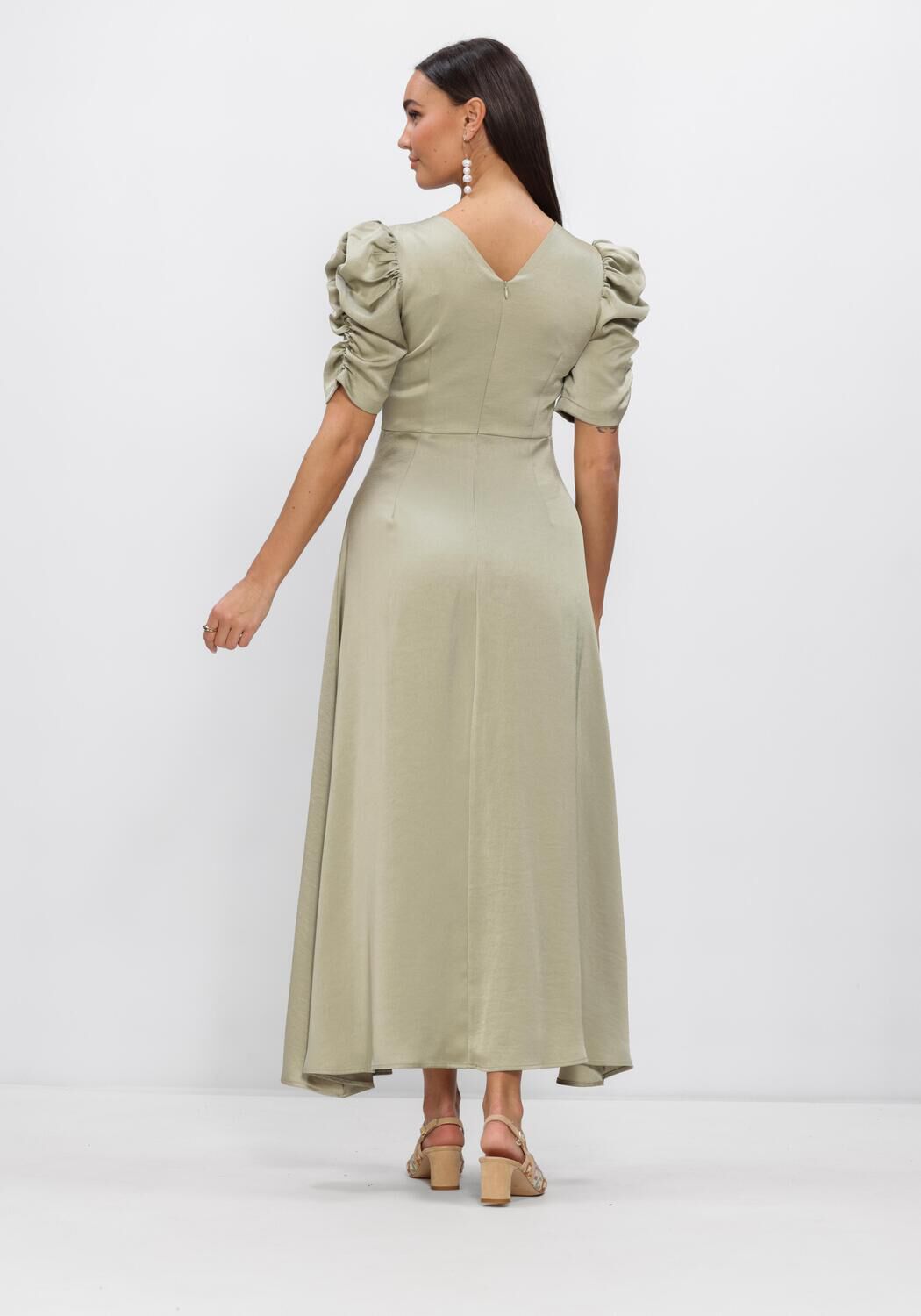 Pink Baby Adelinda satin puff sleeve maxi dress in sage green, featuring elegant puffed sleeves and flowing fabric.