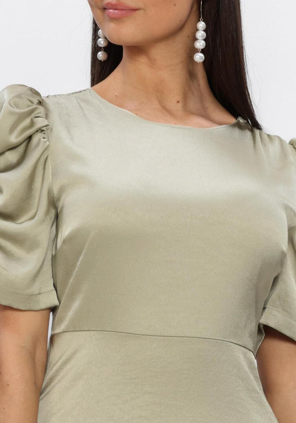 Pink Baby Adelinda satin puff sleeve maxi dress in sage green, featuring elegant puff sleeves and flowing fabric.
