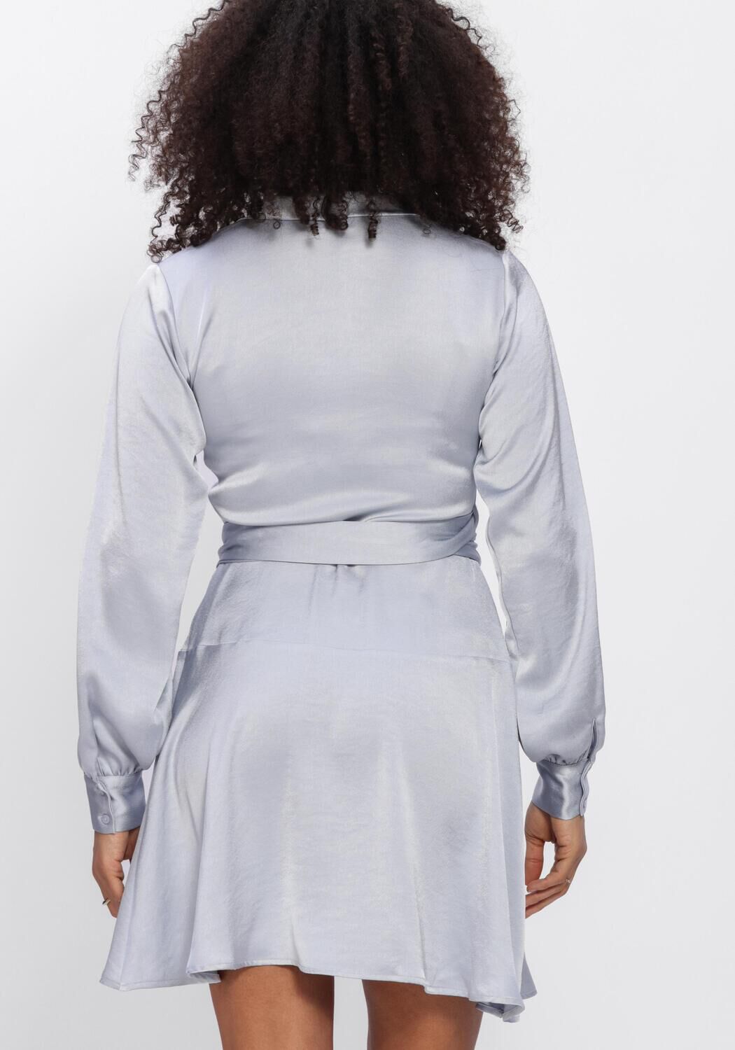 Pink Baby Ariana satin wrap mini dress in ice blue, featuring a stylish satin fabric and a flattering wrap design.