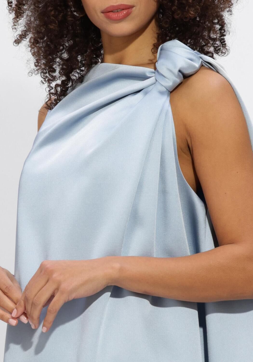 Pink Baby Amelia knotted satin mini dress in powder blue, featuring a stylish design and elegant fit.