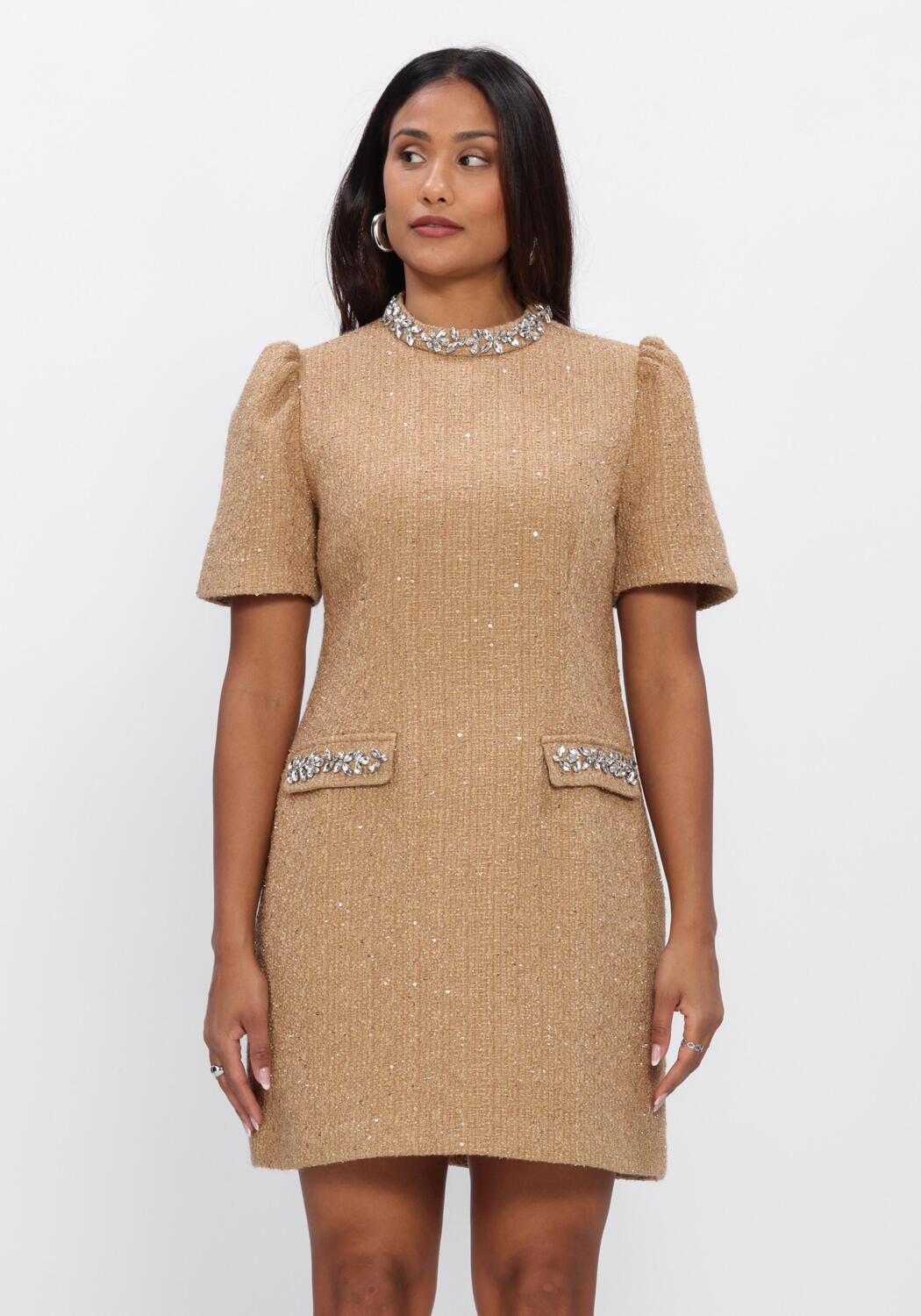 Pink Baby Ebrina embellished gold tweed mini dress with intricate embroidery and stylish design, perfect for fashionable occasions.