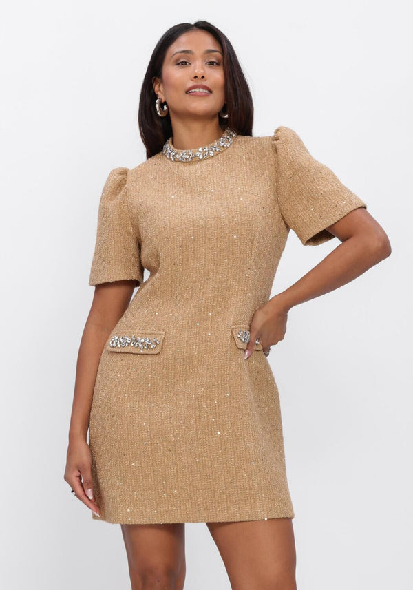 Pink Baby Ebrina embellished gold tweed mini dress, with intricate gold detailing and stylish design, suitable for special occasions.