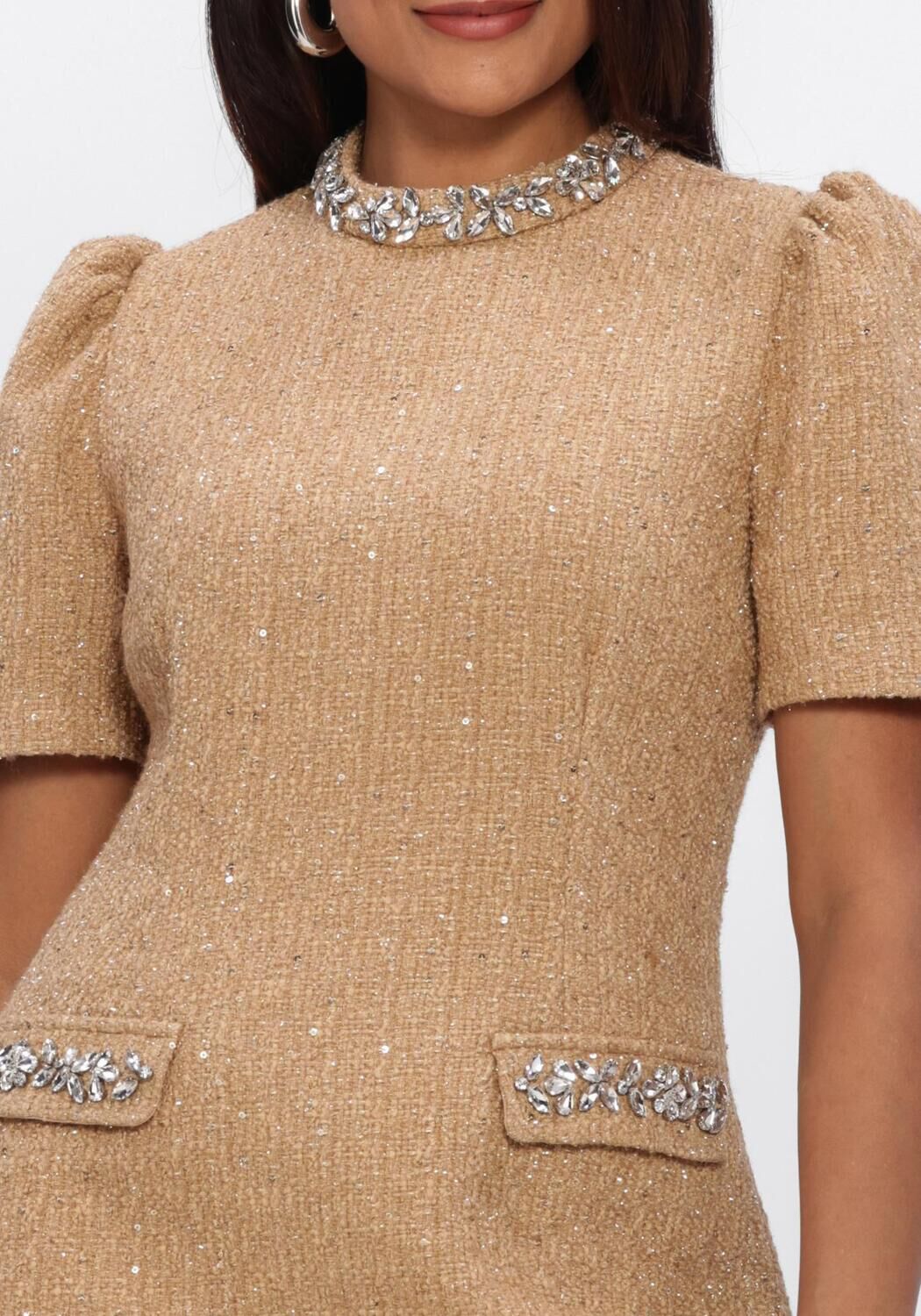 Pink Baby Ebrina embellished gold tweed mini dress with intricate detailing and a stylish fit, perfect for special occasions.