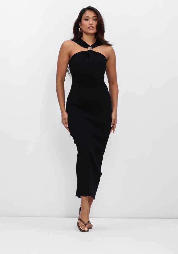 Black Vivienne Hardware halterneck midi dress by Pink Baby, featuring a stylish halter neckline and midi length.