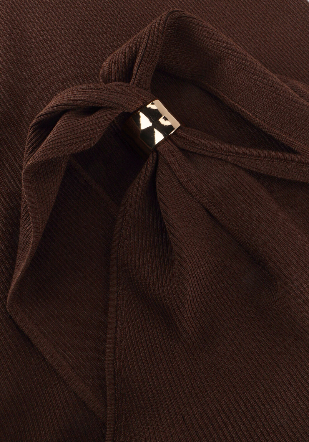 Pink Baby Vinice Twist-Halter Ribbed Maxi Dress in chocolate brown, featuring a twist halter neckline and fitted ribbed fabric.