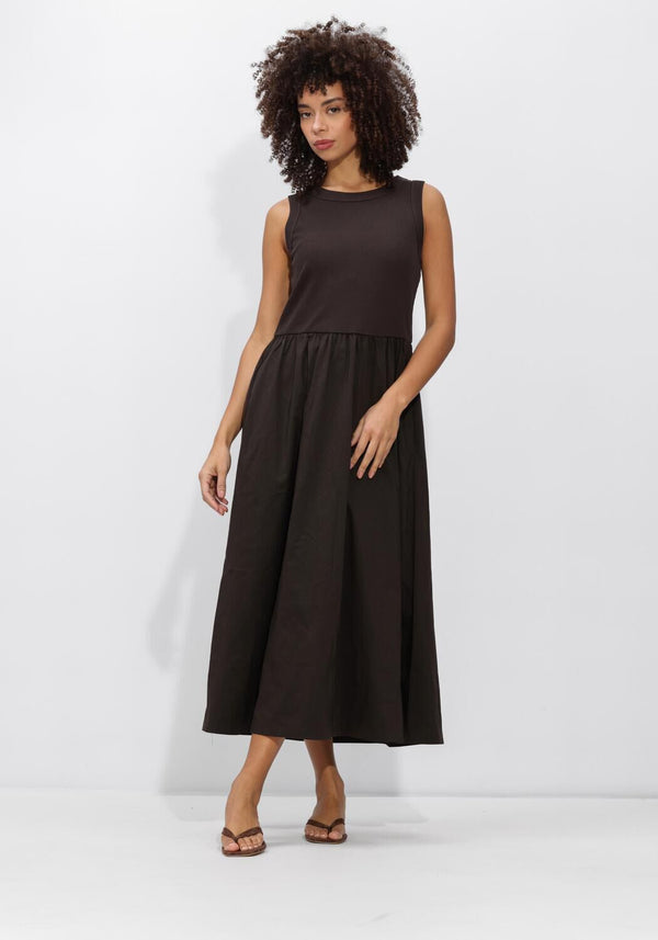 Pink Baby Viela gathered sleeveless midi dress in espresso brown, featuring a stylish and comfortable sleeveless design.