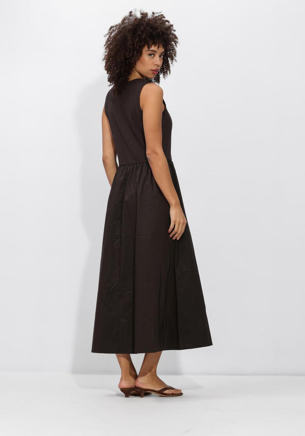 Pink Baby Viela gathered sleeveless midi dress in espresso brown, featuring a stylish, flowing design perfect for warm weather.