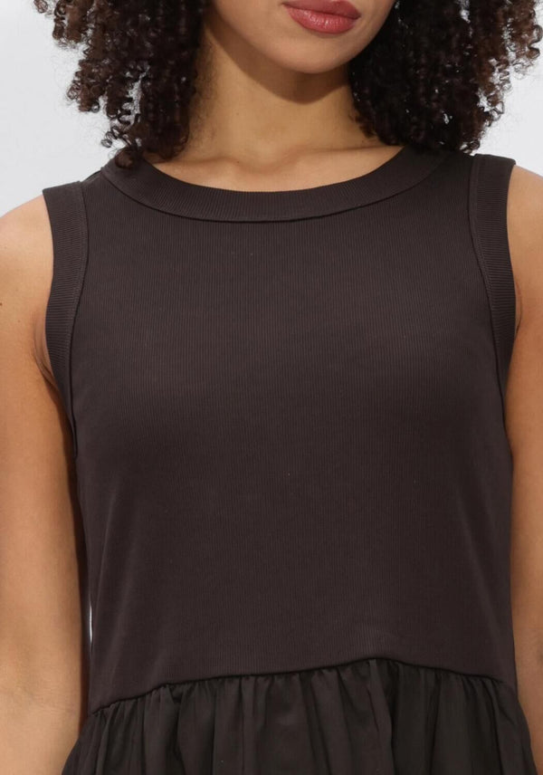 Pink Baby Viela gathered sleeveless midi dress in espresso brown, featuring a stylish, flowy design perfect for casual or semi-formal wear.