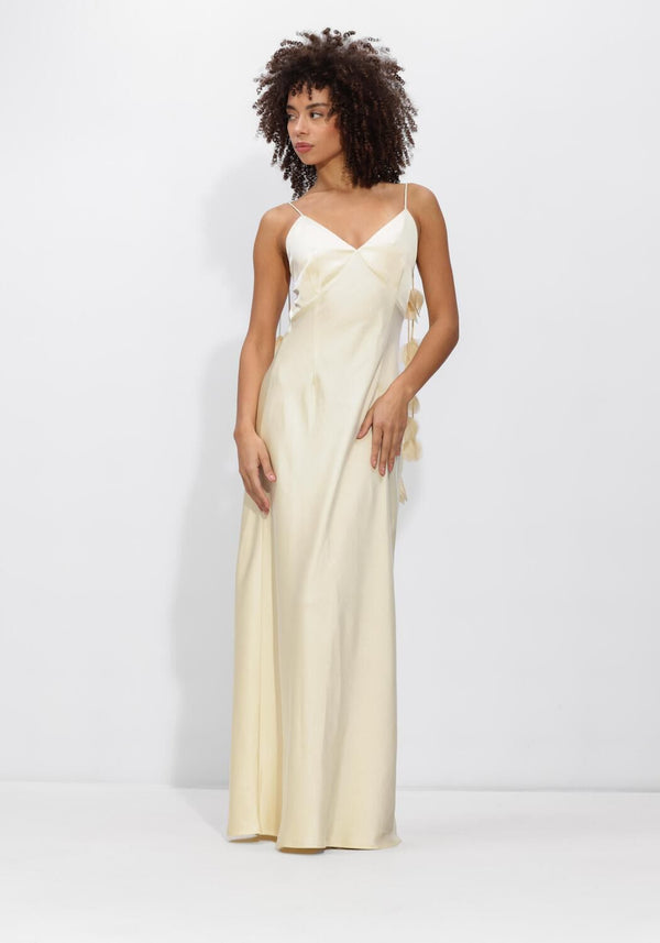 Ivory Elowen open-back satin maxi dress by Pink Baby, flowing satin fabric with open back design, elegant formal evening wear.