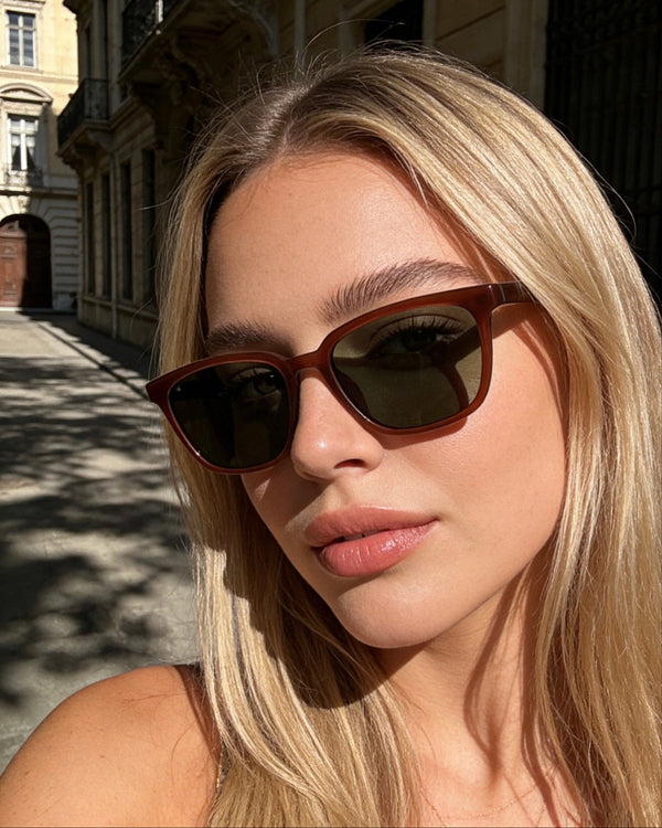 Pink Baby The Colton caramel sunglasses with round frames and dark lenses, stylish eyewear for sun protection.