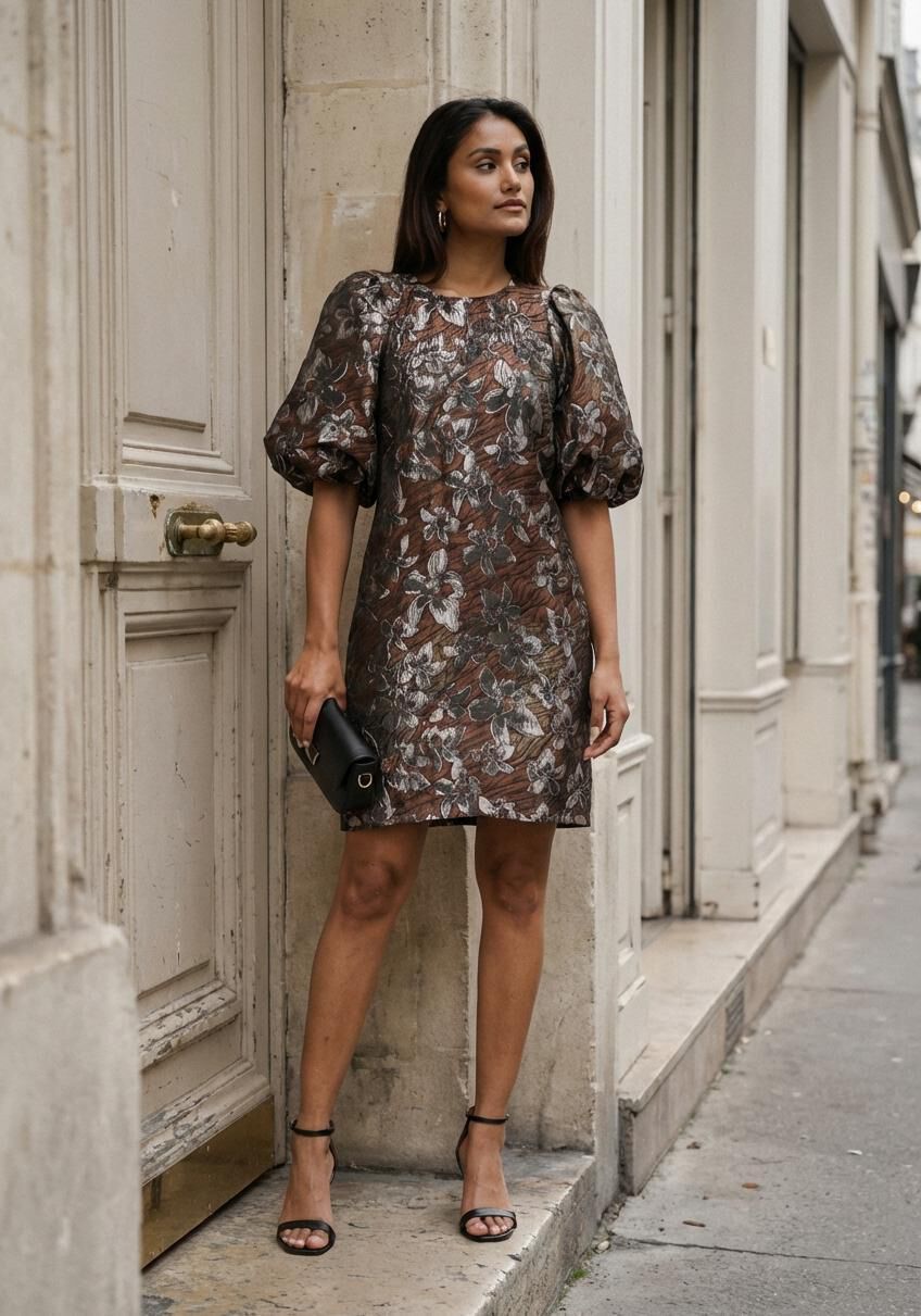 Pink Baby Nami floral jacquard puff-sleeve mini dress in espresso brown with a fitted bodice and floral pattern, shown on a model.