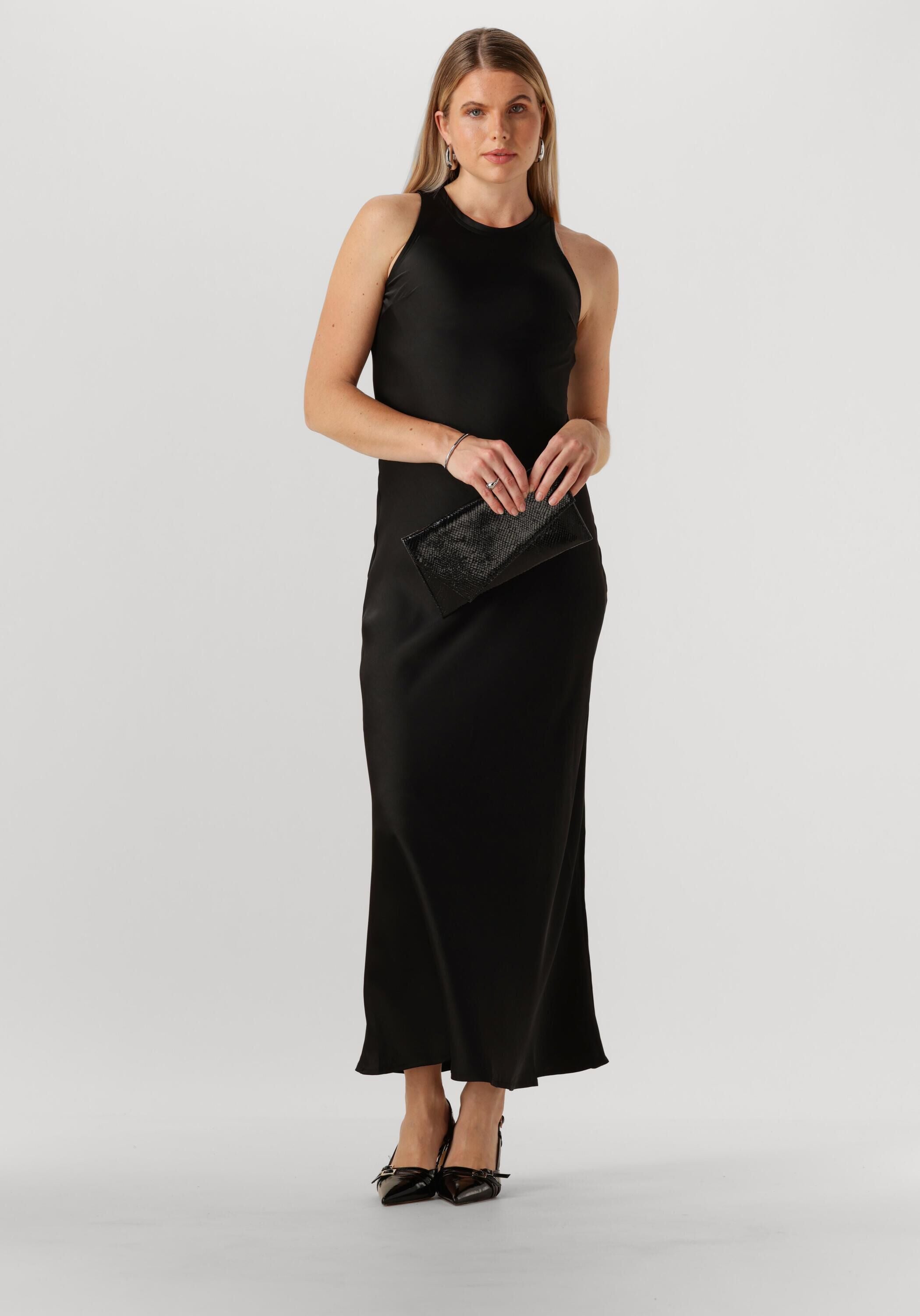 Black Aliya satin high-neck maxi dress by Pink Baby, featuring a flowing silhouette and elegant high neckline.