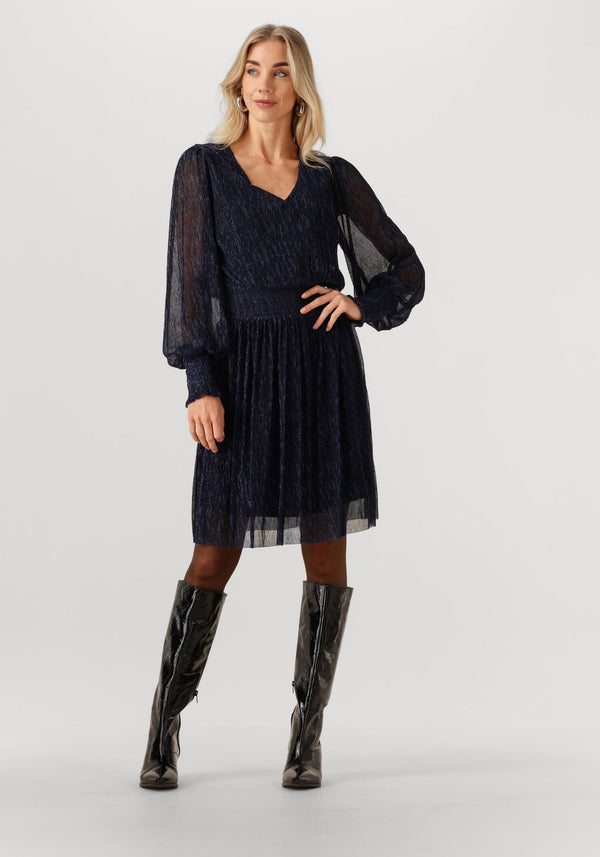 Pink Baby navy pleated midi dress with sheer sleeves, featuring a stylish and flowy design perfect for formal occasions.
