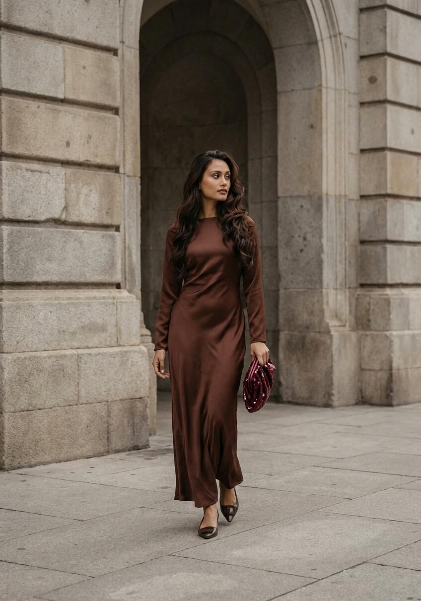 Pink Baby Aurélie open-back satin maxi dress in deep burgundy, featuring a flowing silhouette and elegant design.